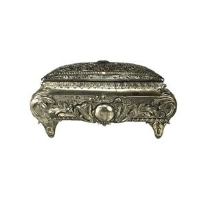 Vintage Ornate Silver Tone Filigree Jewelry Box Red Velvet Lining Footed Casket